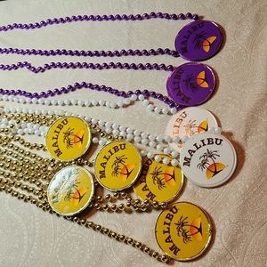 Malibu Coconut Rum Mardi Gras Beads, set of 9, white, purple, gold